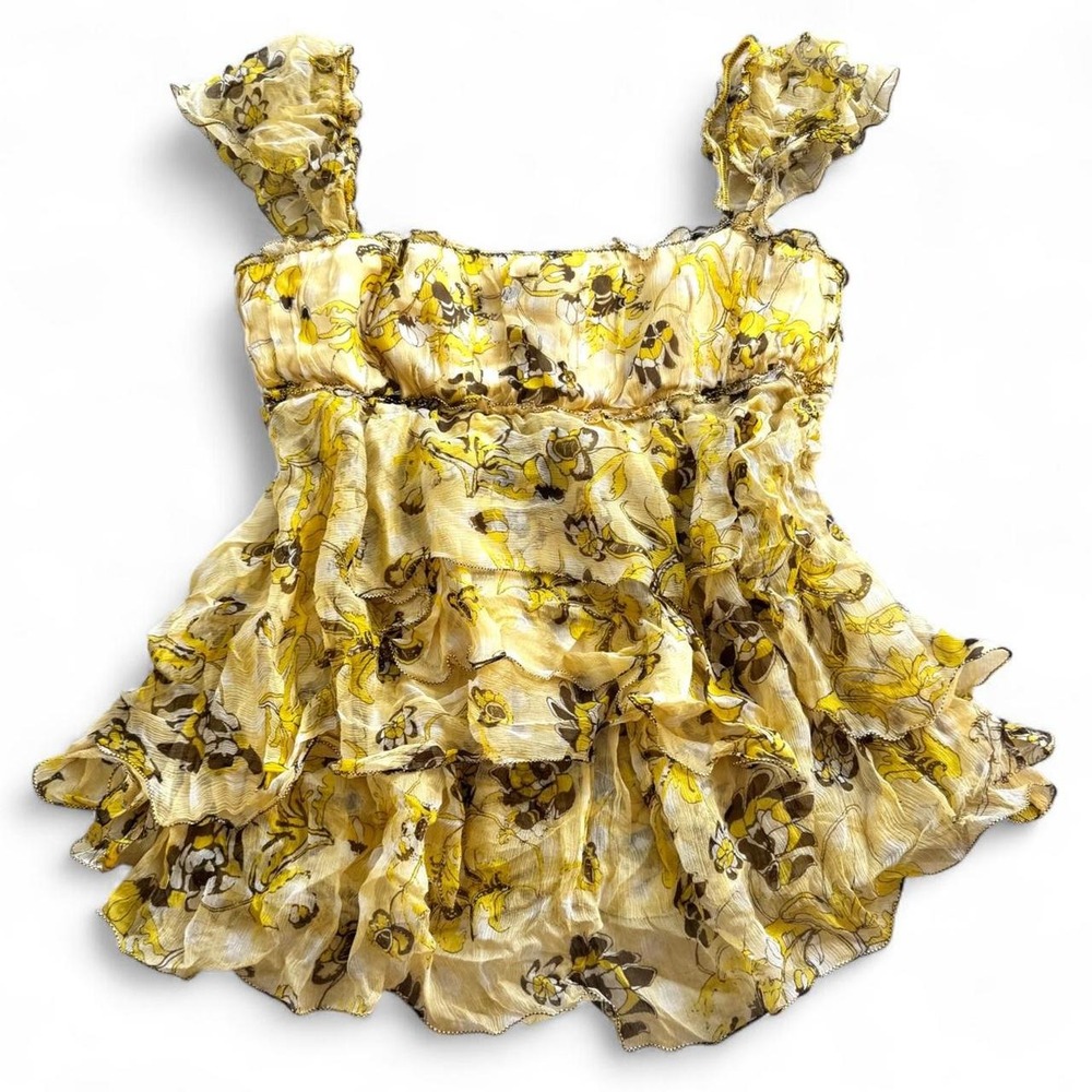 Y2K Sophie max Yellow & brown floral ruffle boho coquette babydoll top